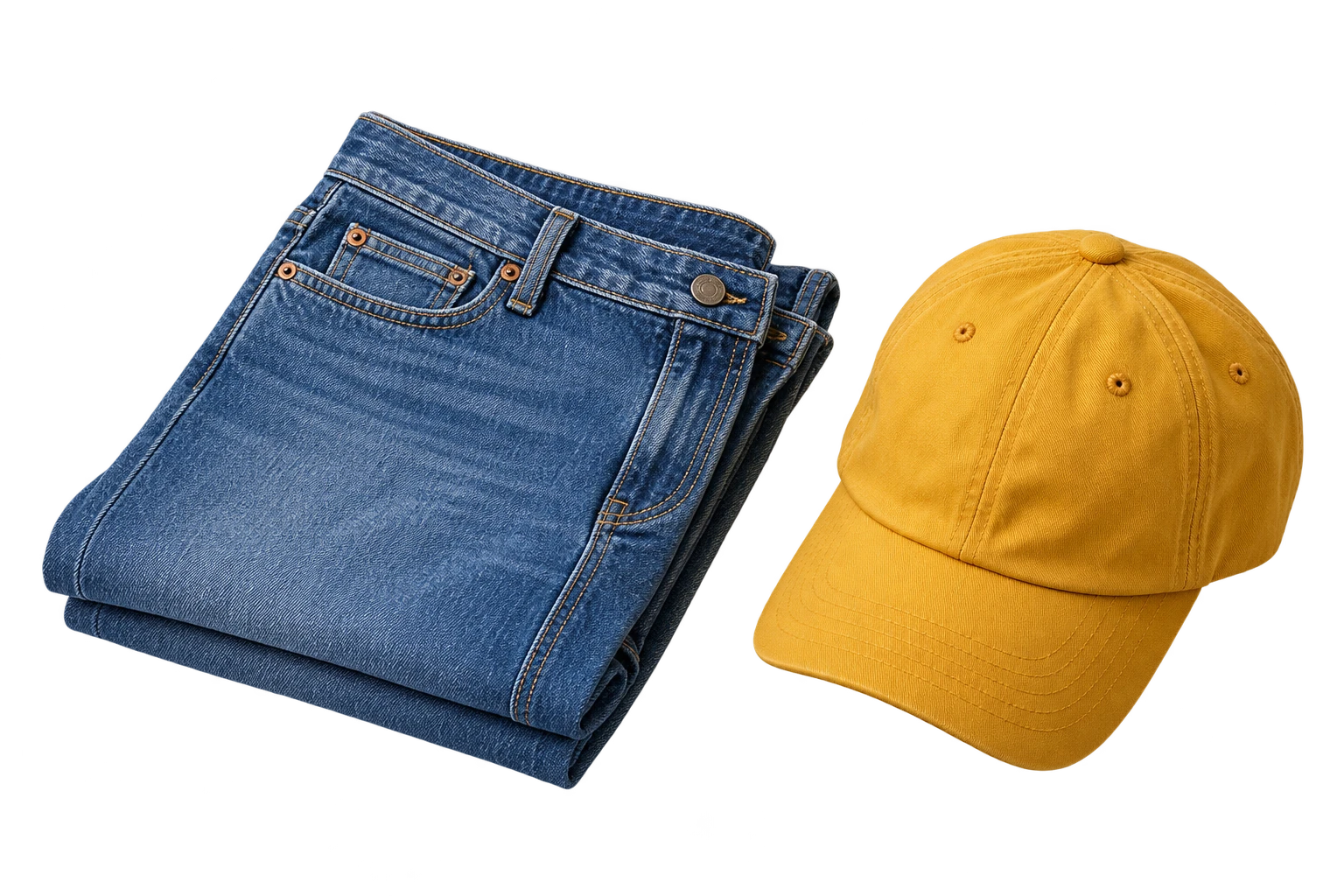 Folded denim and a mustard canvas cap