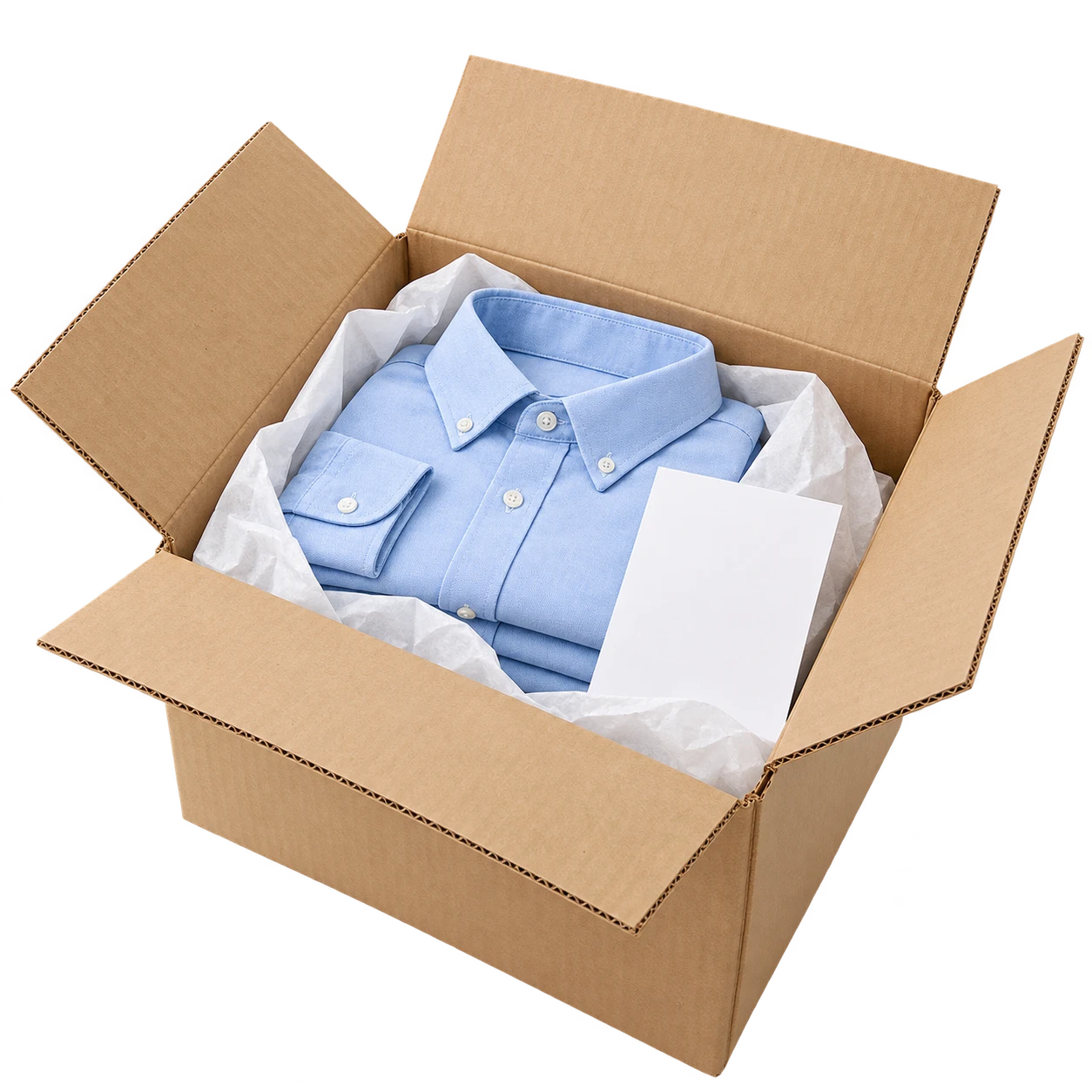 An open wholesale carton with folded blue shirts and a packing slip
